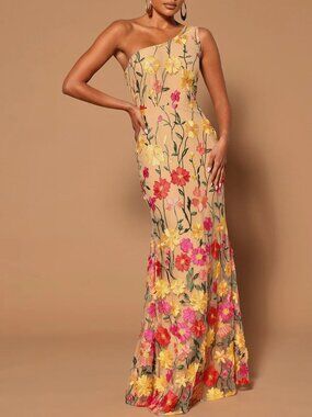 Fashion Nova One-Shoulder Floral Maxi Dress - Nude with Yellow & Pink Flowers